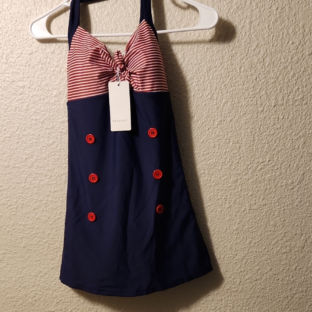 Red and Navy Halter One Piece Swimsuit